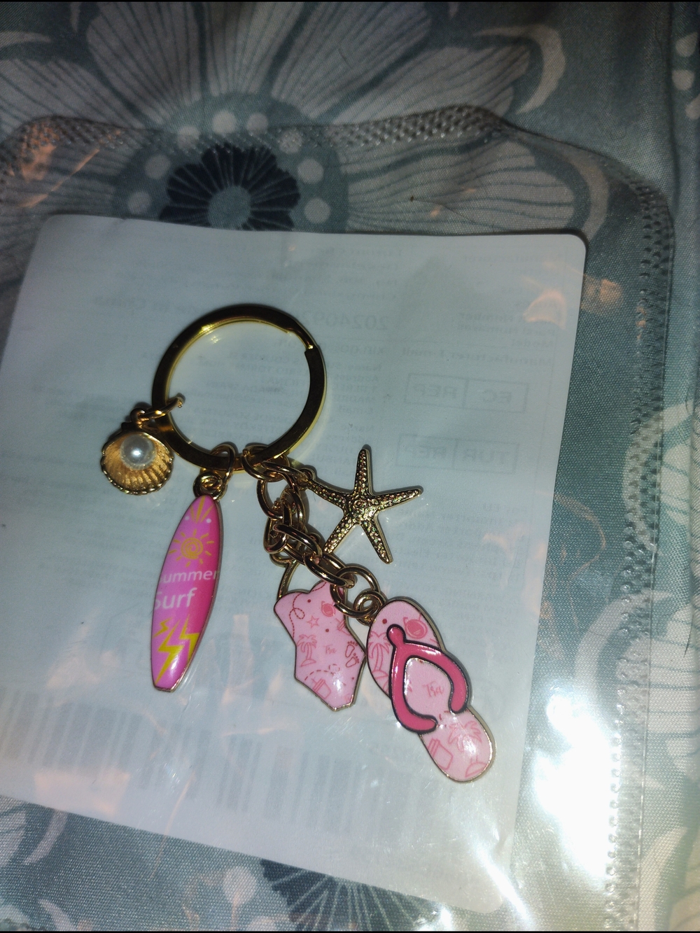 Gold-Tone Keyring with Pink Beach Charms